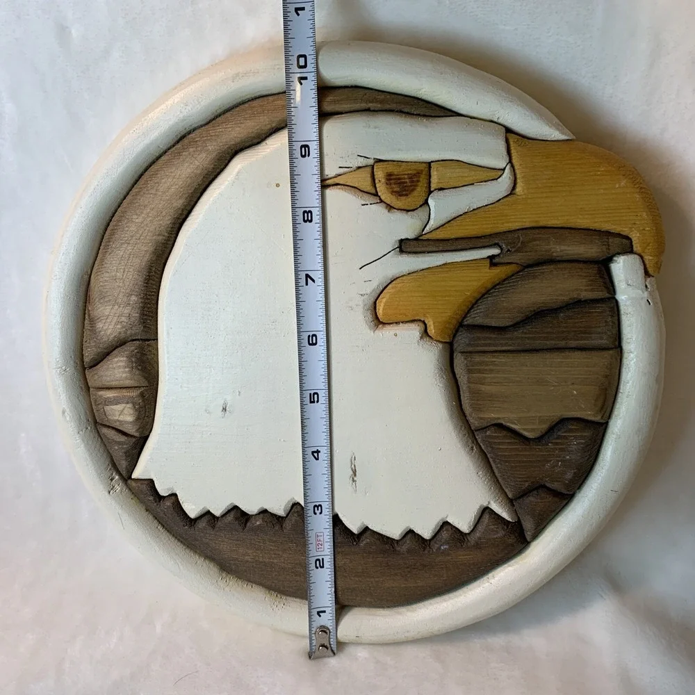 American Bald Eagle Wood Inlay Wall Decor MCM Art Piece Round‎  Handmade Stained
